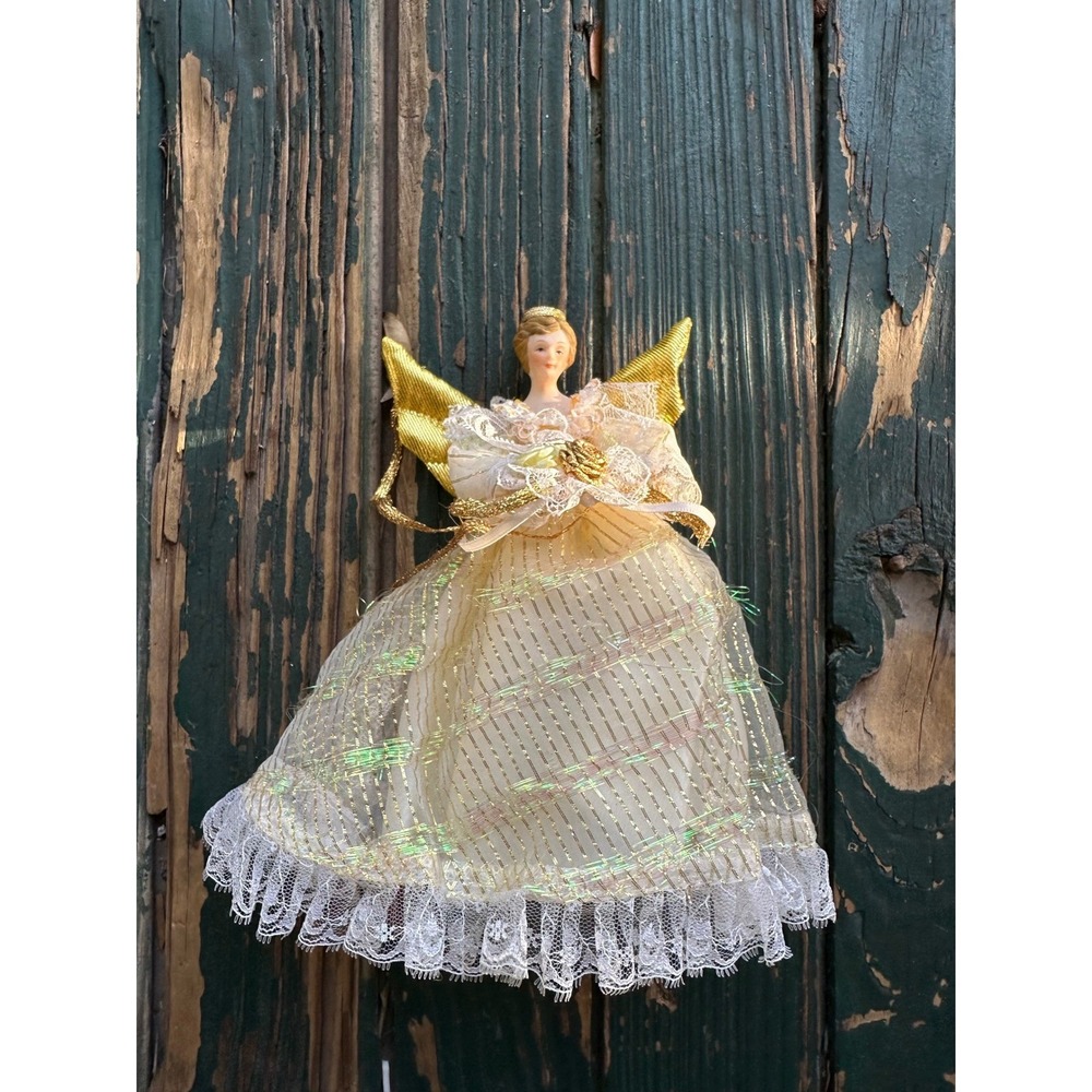 Vintage Porcelain Angel Tree Topper Gold Lace Christmas Ornament 7 Inch Taiwan